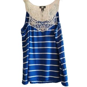 Lane Bryant Size 14 Blue White Striped Tank Top Sequin Crochet Lace Back Plus...